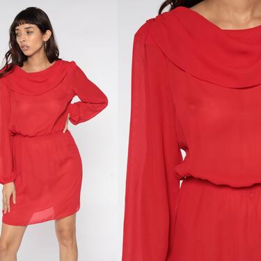 Cowl Neck Dress 80s Midi Sheer Red Dress Secretary PUFF Sleeve Dress 1980s Long High Waisted Preppy Drape Polyester Small S 