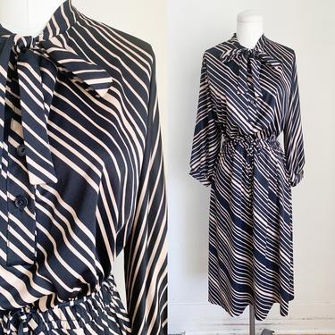 Vintage 1980s Tan & Black Striped Ascot Tie Dress / M 