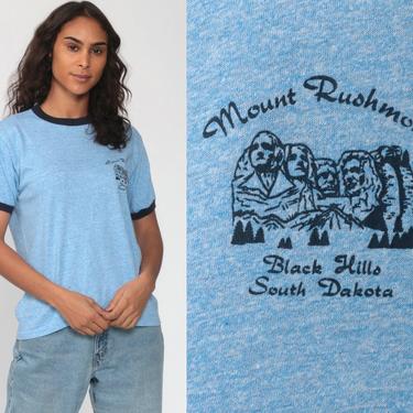 Mount Rushmore Shirt Ringer Tee Shirt 80s Tshirt South Dakota Vintage Mt Rushmore Tee Blue 1980s Retro T Shirt Graphic Tee Small Medium 