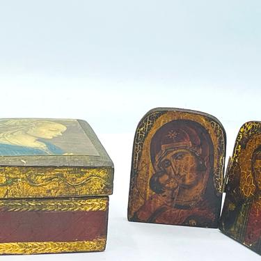 Florentine WOOD Square Gold Box Praying Mary 2.5&amp;quot; ITALY Bi Fold Religious Russian diptych icon Virgin Mary, mother of God and Jesus Christ 