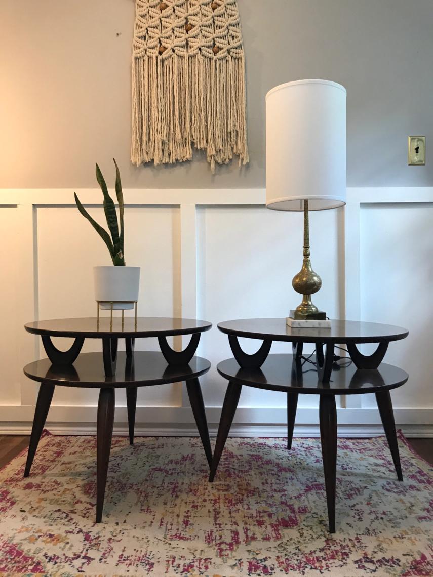 Round End Table Pair Mid Century Table Round walnut wood VintageCore