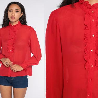 Sheer Red Blouse TUXEDO Shirt Ruffle Blouse 80s Button Up Top 1980s Victorian Vintage Long Puff Sleeve Secretary Shirt Medium 