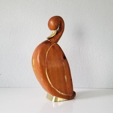 1970s Hand Carved Wood and Brass Swan Sculpture 