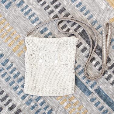 Vintage Early 2000s Y2K Crochet Crossbody Bag - Beige Floral Boho Purse 