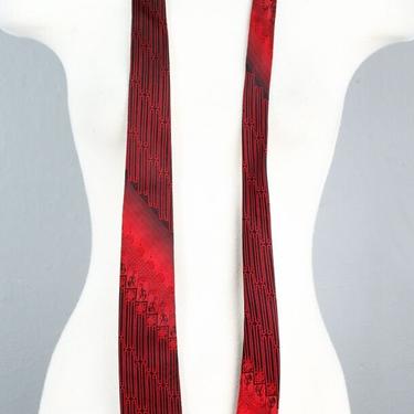 50's Red &amp; Black Sharkskin Trojan Print Mens Vintage Necktie, Suit Tie, 1960's Mid Century MOD Rockabilly Rat Pack 1950's 