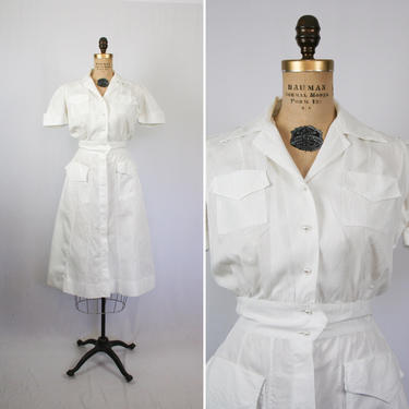 Vintage 40s Nurse uniform | Vintage white cotton shirtwaist dress | 1940s Bob Evans nurse dress 