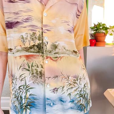 1990s Silk landscape print blouse, sz. XL