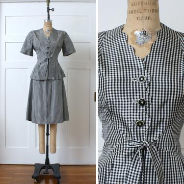 vintage early 1940s black &amp; white dress set • short sleeve tie waist blouse and skirt in silk taffeta 