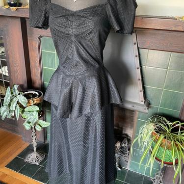 Vintage 1940s Black Noir Peplum Dress by Symphony Fashions - S/M W: 28 