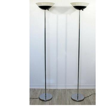 Contemporary Modernist Pair Chrome Glass Floor Lamps Torchiere Deco Style 