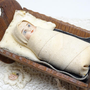 Antique German Porcelain Doll in Wooden Cradle, Vintage  Hand Made for Doll House, 