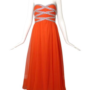 1970s Beaded Orange Chiffon Evening Gown, Size-2