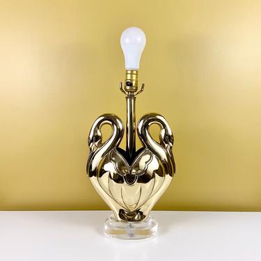 Brass & Lucite Double Swan/Crane 3-Way Lamp 