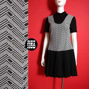 Retro Vintage 60s 70s Black & White Patterned Drop Waist Mod Poly Dress 