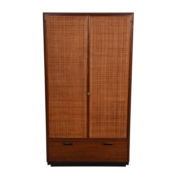 Mcm Walnut Armoire Gentleman S Cupboard With Rattan Front Doors