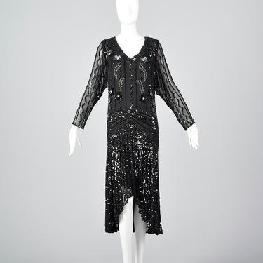 Small Oleg Cassini Dress Black Silk Beaded Dress Long Sheer Sleeves Drop Waist Formal Evening Wear Art Deco 1990s Vintage 