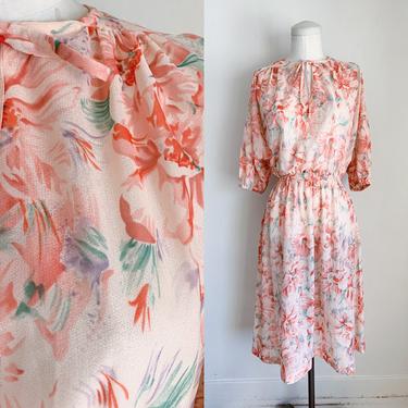 Vintage 1970s Sheer Coral Floral Dress / S 