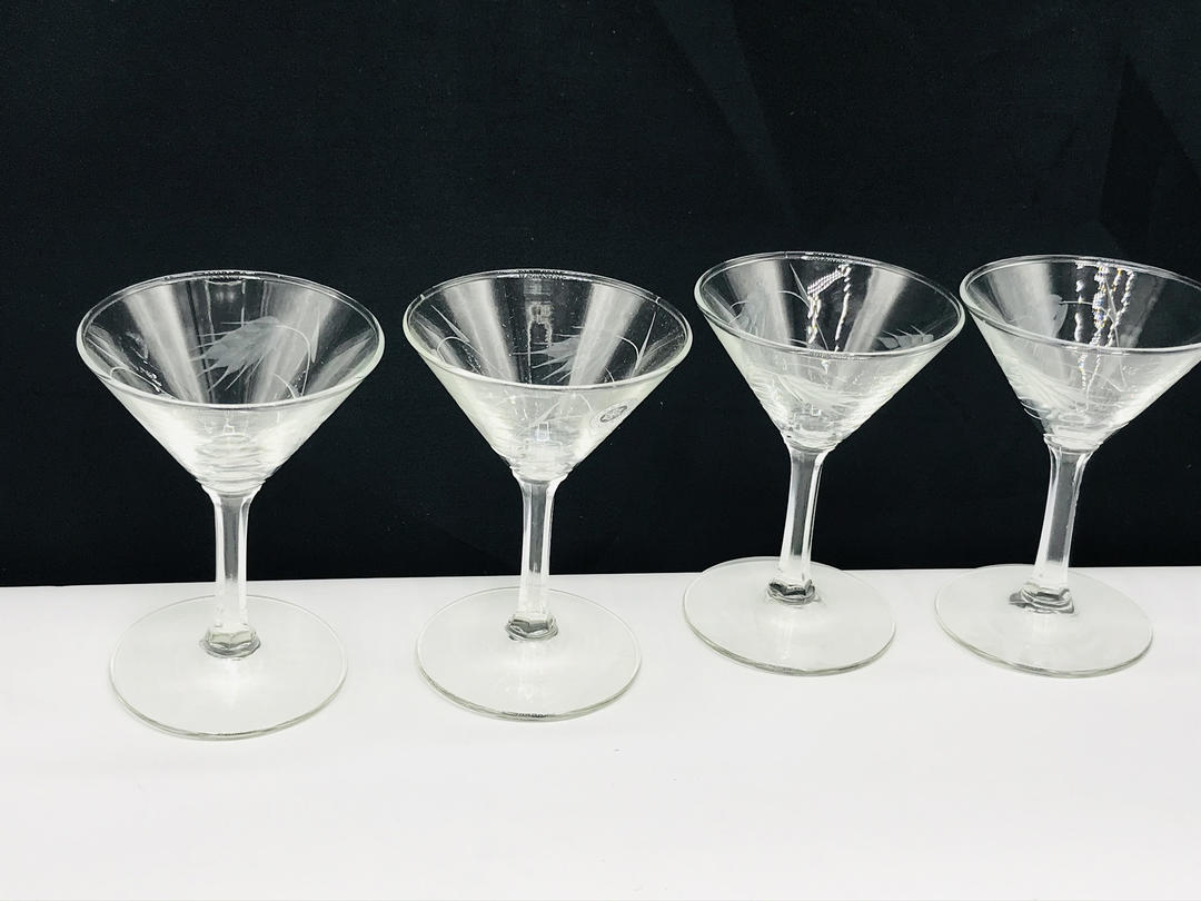 Set Of 4 Vintage Floral Rose Etched Small Coupe Apertif Cordial Glass 4 oz