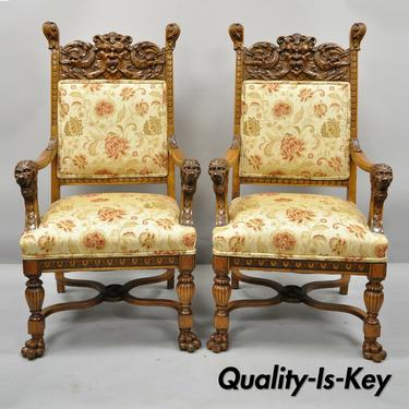 Pair 19th C. Carved Oak Northwind Face and Lion Head Arm Chairs Attr. RJ Horner