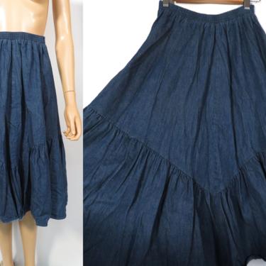 Vintage 70s Prairie Boho Denim Square Dance Ruffle Skirt Size S 
