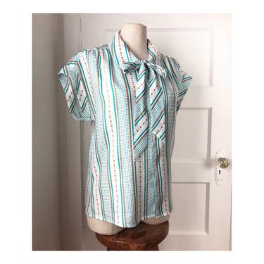 1970s / 1980s Silky Polka Dot &amp; Striped Short Sleeve Blouse with Bow Tie--- very Mary Tyler Moore----- size Med 