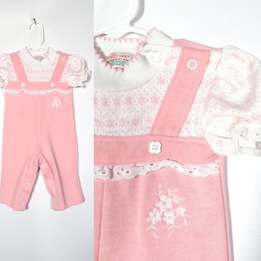 Vintage 70s Baby Girls Pastel Pink Healthtex Embroidered Flower Onesie Made In USA Size 6M 