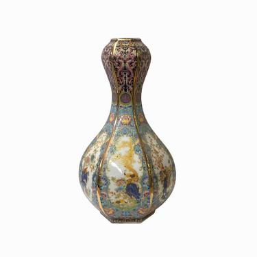 Light blue Rich Multi-Color Print Flower Bird Graphic Porcelain Vase ws1488E 