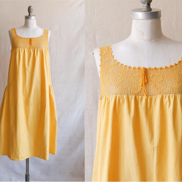 Antique Edwardian Marigold Cotton Nightgown/ 1910s 20s Yellow Mini Dress with Crochet Yoke/ Size Medium Large 