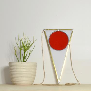 Stained Glass Nautical Pennant Flag Geometric / Handmade Triangle Shaped Multi Color Suncatcher Red White Modern Bunting Brass Border Twine 