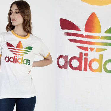 Vintage 80s Adidas Rainbow T Shirt White 50 50 Soft T Shirt Trefoil Track Basketball Ringer Mens Tee T Shirt Medium M 