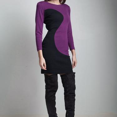 vintage 80s bodycon dress long sleeves color block fitted purple black knit dress SMALL S 