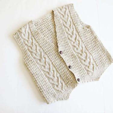 Vintage Knit Vest Large - 1970s Cable Knit Vest - Off White Oatmeal Knitted Button Down Vest - Wool Vest - 70s Clothing 
