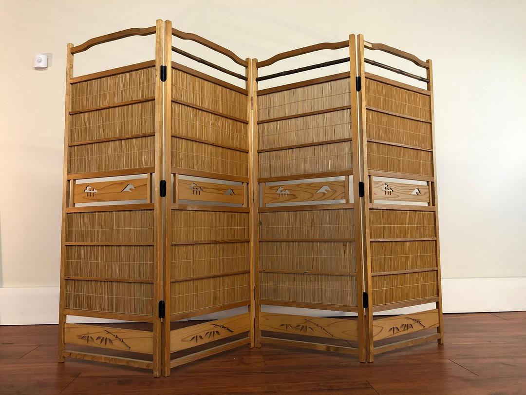 Japanese 4 Panel Wood & Bamboo Screen Modern to Vintage Renton, WA