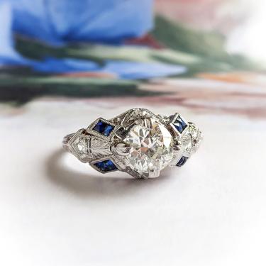 Art Deco Engagement Ring 1.19ct t.w. Old European Cut Diamond Sapphire Engraved Engagement Ring Platinum 