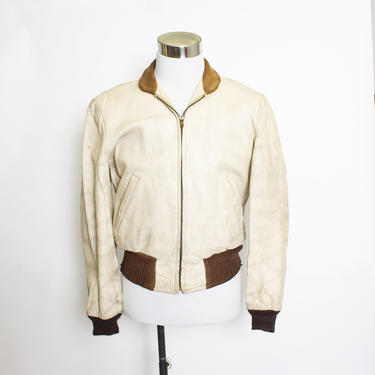 Vintage 1950s Motorcycle Jacket Beige Leather Knit Collar Bantamac 40 