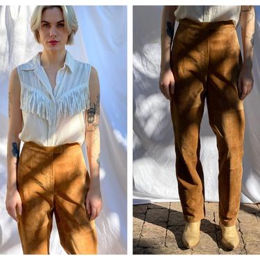 Vintage y2k Leather Pants / High Rise Suede Leather Trousers / Fitted Leather Pants / Camel Brown Suede Leather 