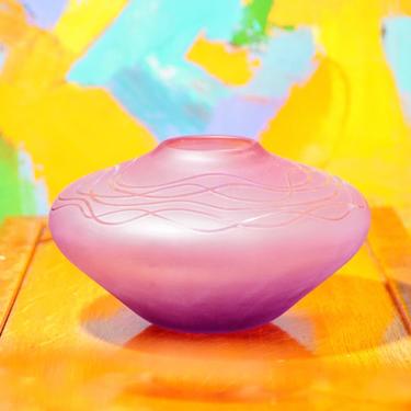 Vintage Signed Decorative Purple/Pink Frosted Glass Bud Vase, Art Nouveau Style, Short & Wide, Round Centerpiece Vase, 5&quot; H x 8 3/4&quot; W 