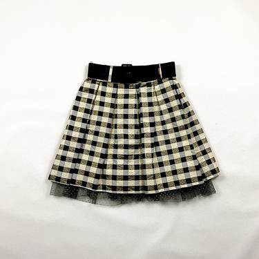 80s / 90s Black and Gold Checker Print Circle Skirt / Box Pleats / 60s / Tulle / Polka Dot / Velvet / Flocked / Holiday / Medium / Lurex / 