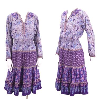 70s KAISER cotton India print peasant dress S / vintage 1970s purple hippy festival dress sz S 