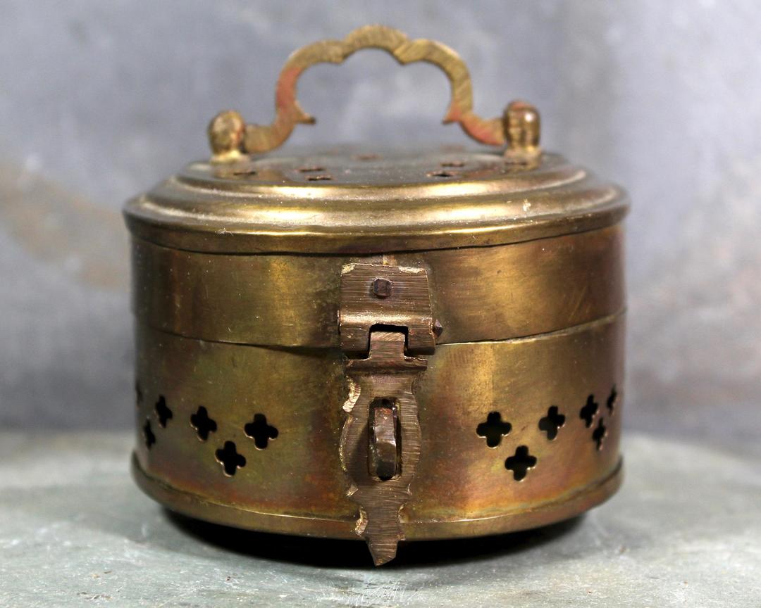 Vintage Brass Incense Box Circular Pierced Brass Trinket Box Bixley