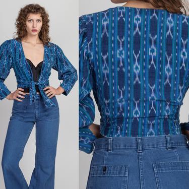 Vintage Southwestern Cropped Wrap Blouse - XS to Small | 90s Blue Deep V Puff Sleeve Crop Top 