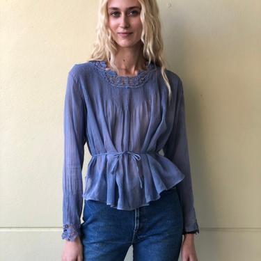 Antique Cotton Blouse / Dusty Blue Hand Dyed Blouse / Semi Sheer Cotton Top / See Through Blouse / Edwardian Victorian Blouse 