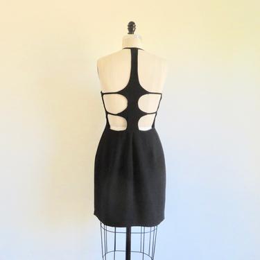 Vintage 1990's Black Crepe Cage Dress Sheath Style Above the Knee Sexy 90's Club Fashion Andrea Polizzi Rex Lester 28.5&quot; Waist Small Medium 