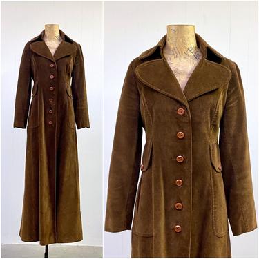 Vintage 1970s Brown Maxi Princess Coat, 70s Corduroy Fit 'n' Flare Swashbuckler Coat, Extra Small 34&quot; Bust 
