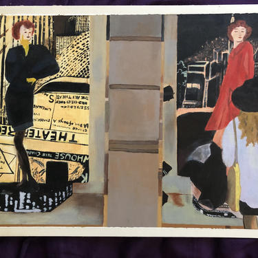 Vintage Original Figurative Fashion Painting, on illustration board, signed JC, 90, made by Joanna Cherensky in 1990. 