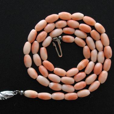 Vintage Pink Angel Skin Single Strand Coral Necklace, Mid Century Coral Necklace, Oval Coral Bead Necklace 