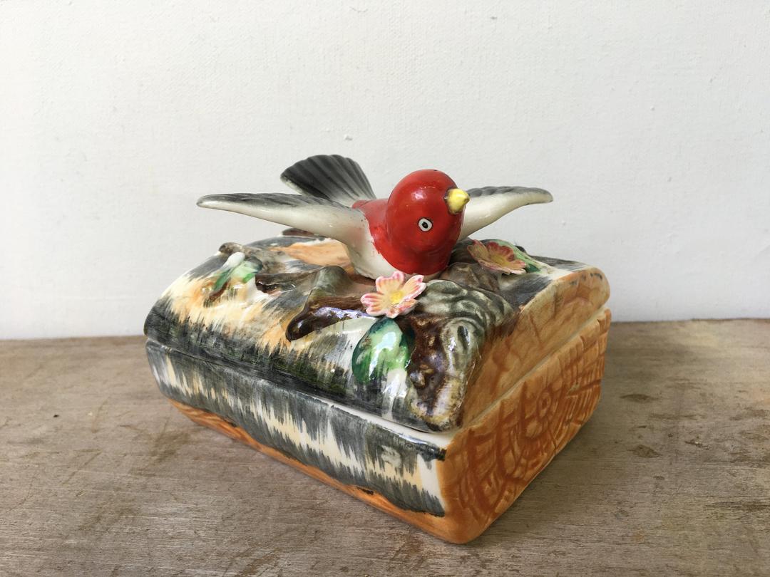 Vintage Ceramic Bird Box, Scarlet Tanager Trinket Box By Arnart