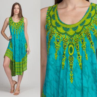 90s Hippie High-Low Hem Dress - One Size | Vintage Blue Green Boho Midi Festival Sundress 