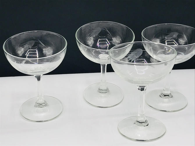 Set Of 4 Vintage Floral Rose Etched Small Coupe Apertif Cordial Glass 4 oz