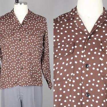 Groovin High · 1950s Style Dot Print Shirt · Vintage 40s 50s Inspired Brown Long Sleeved Shirt · Medium 